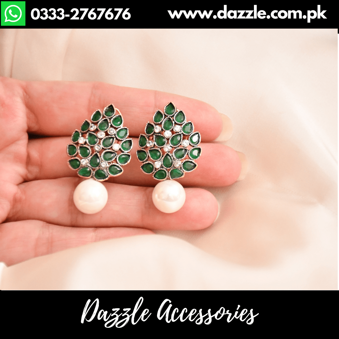 Emerald Green Pearl Tops Earrings Dazzle Accessories