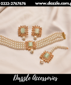 Mint Green Pearl Choker with Earrings bindiya