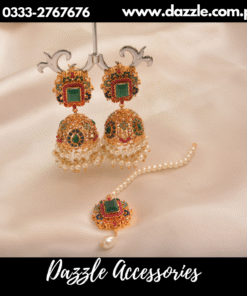 trendy green Norattan jhumka tikka set