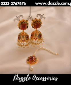 trendy red Norattan jhumka tikka set