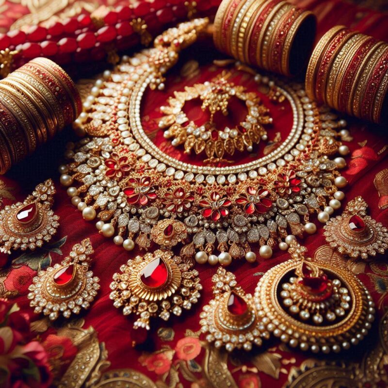 Red-Bridal-Collar-Set-with-Earrings-and-Jhomar