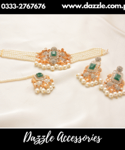 Emerald Green Pearl Choker with Earrings and Bindiya