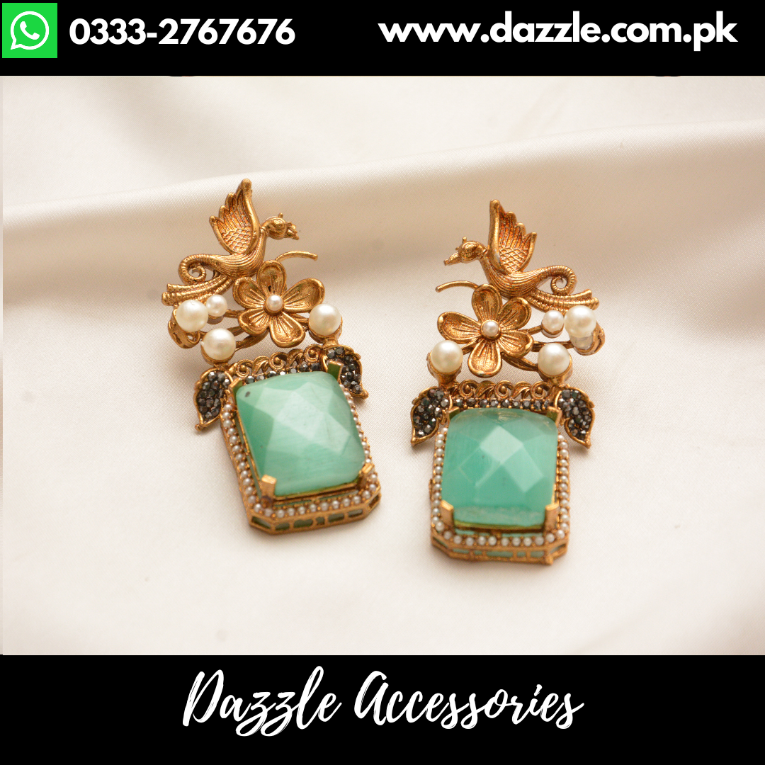Mint Antique Square Stone Turkish Earrings