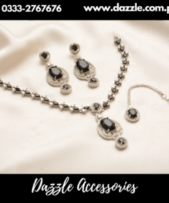 Silver Black Necklace Set with Large Earrings
