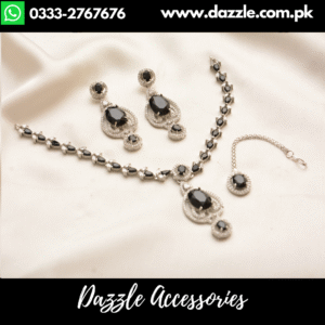 Silver Black Necklace Set with Large Earrings