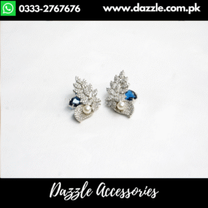 Elegant Zirconia Blue Silver Pearl Stud Earrings