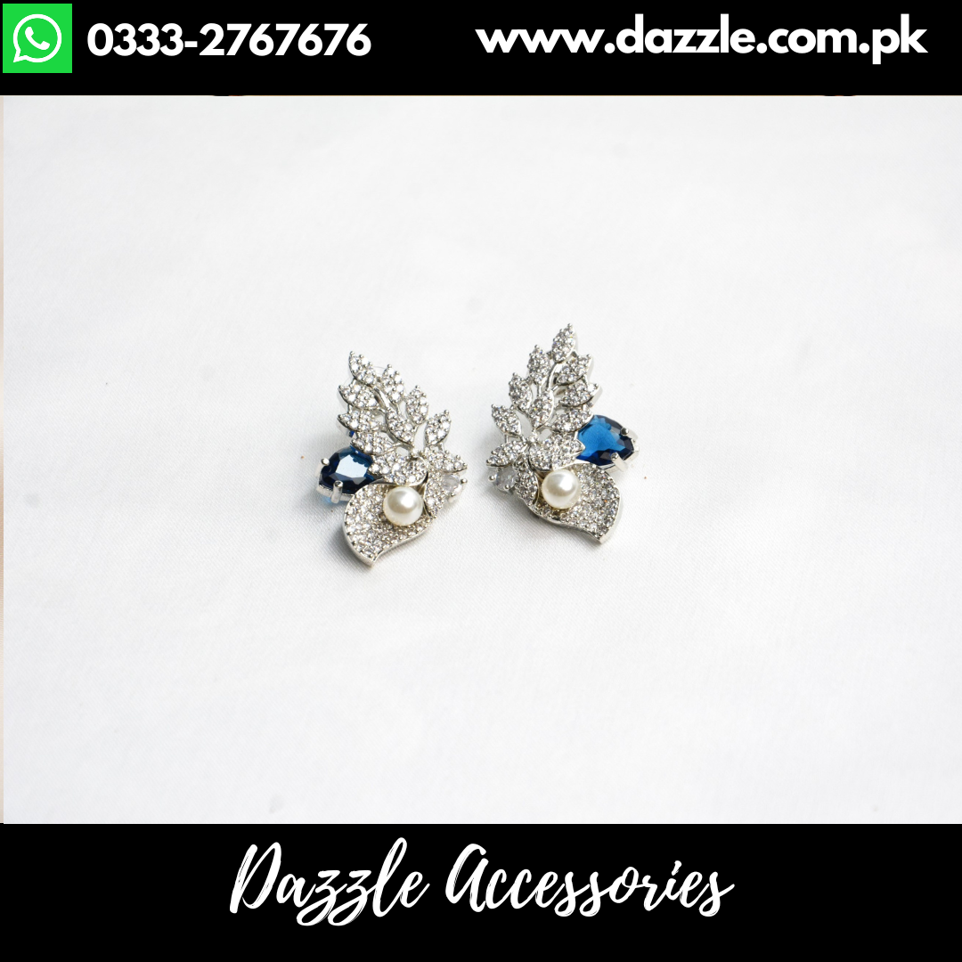 Elegant Zirconia Blue Silver Pearl Stud Earrings