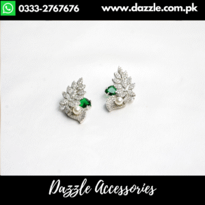 Elegant Zirconia Green Silver Pearl Stud Earrings