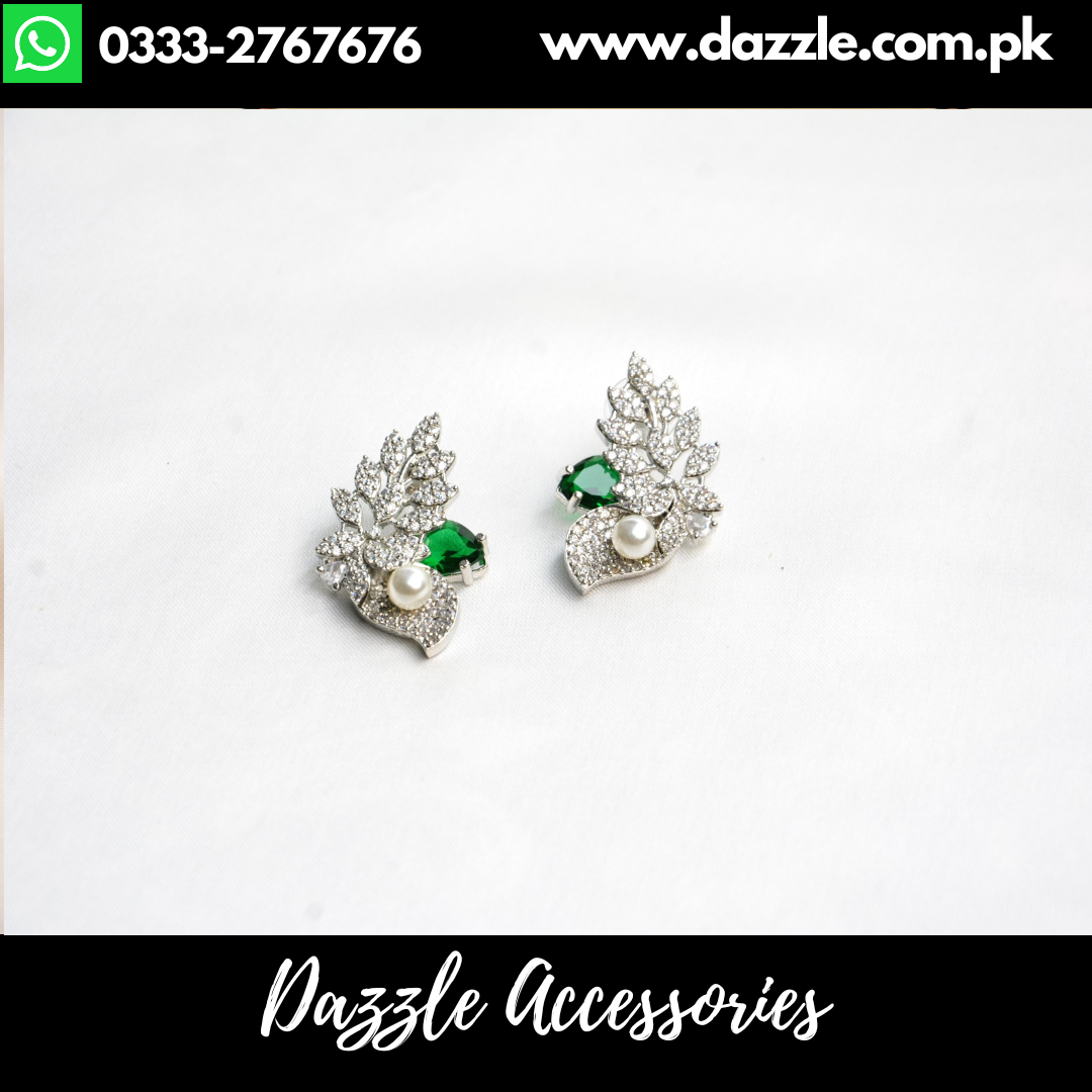 Elegant Zirconia Green Silver Pearl Stud Earrings