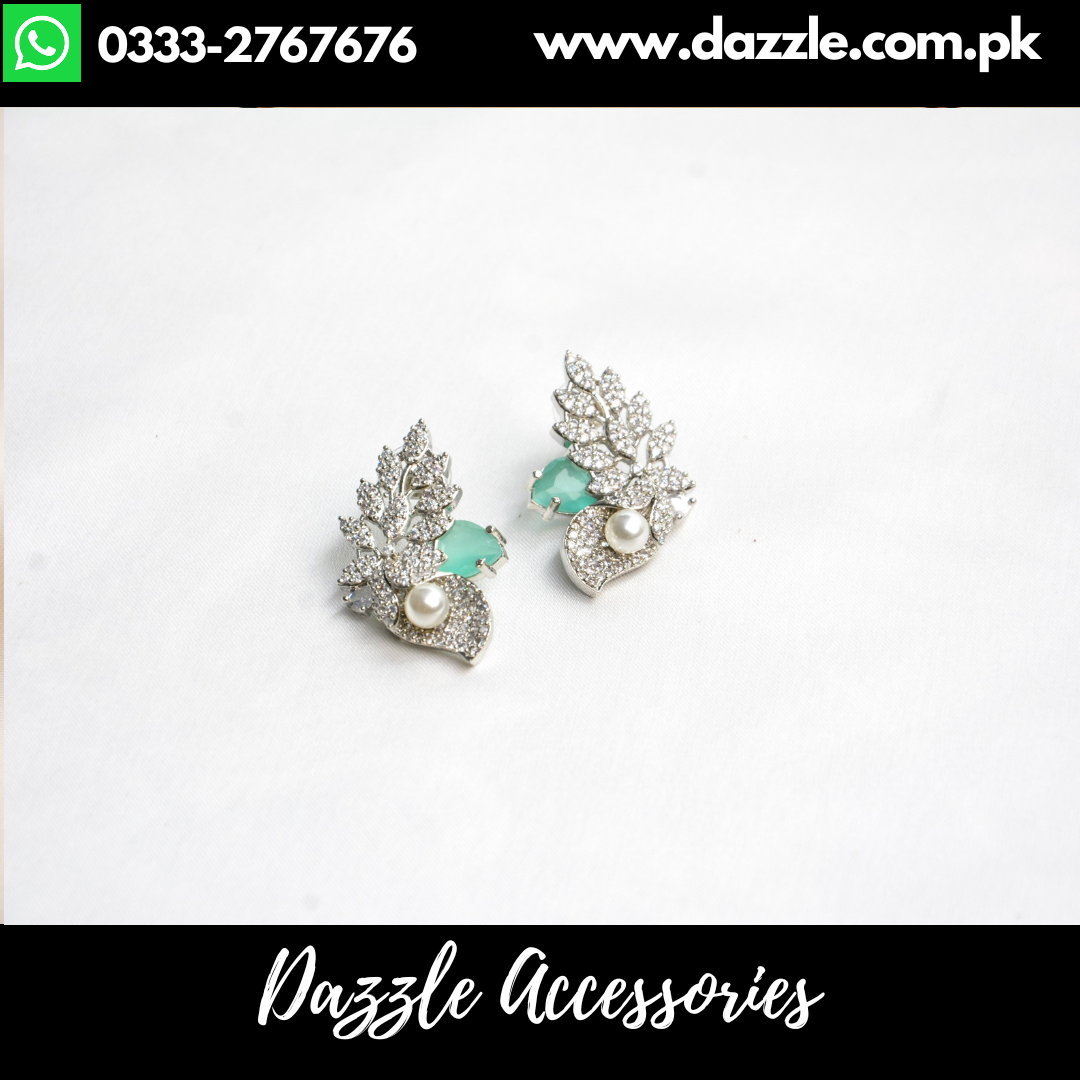 Elegant Zirconia Mint Silver Pearl Stud Earrings