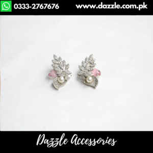 Elegant Zirconia Pink Silver Pearl Stud Earrings
