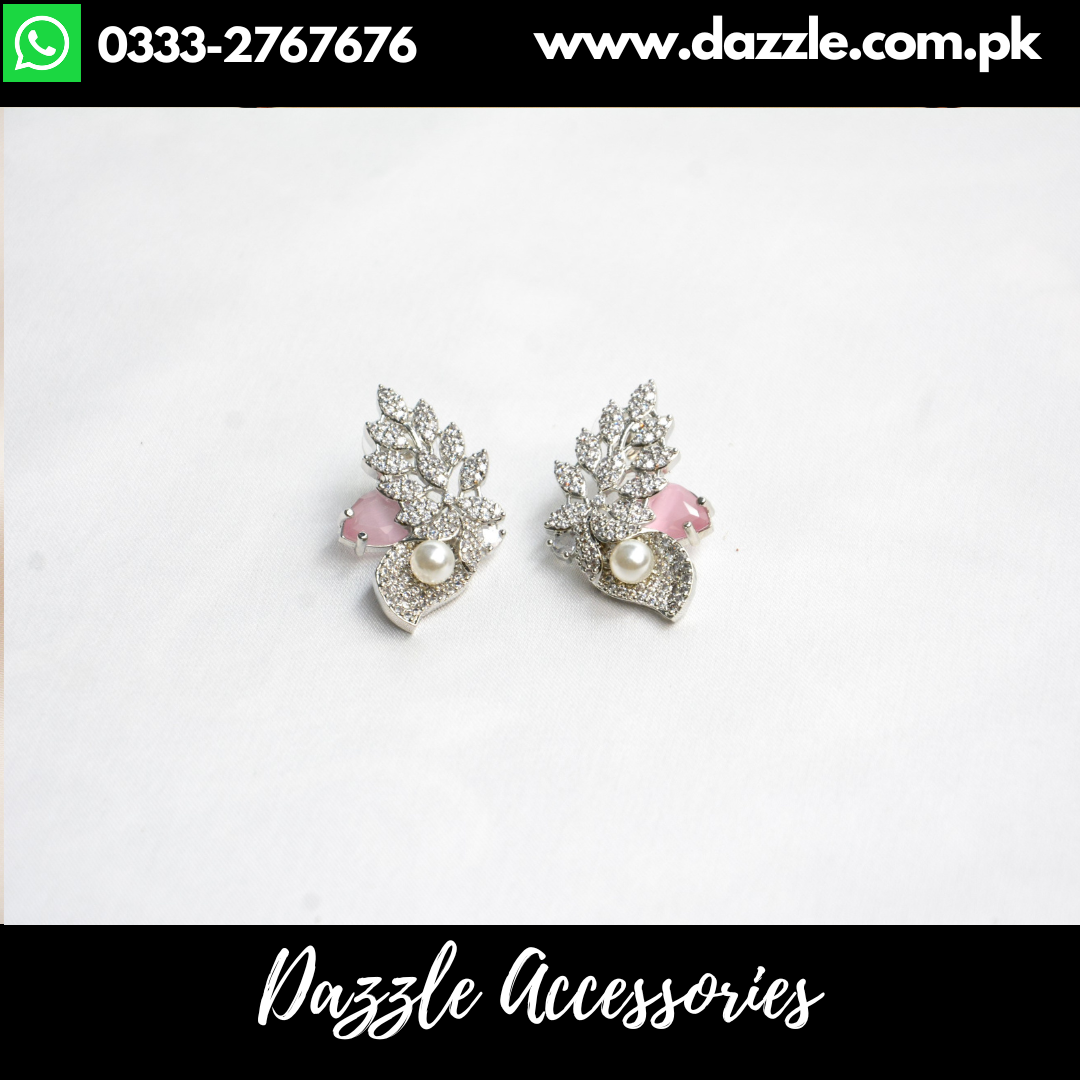 Elegant Zirconia Pink Silver Pearl Stud Earrings