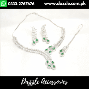 Emerald Green Silver Pendant with Earrings and Bindiya