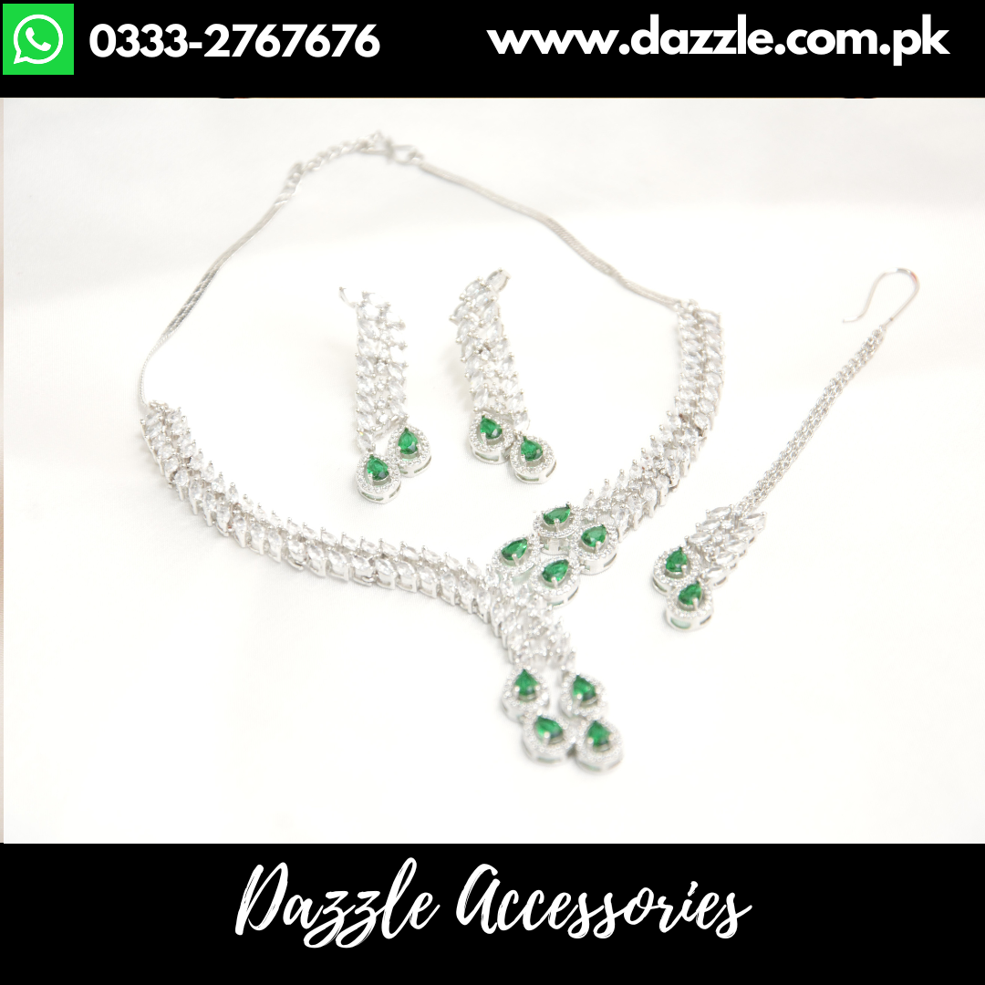 Emerald Green Silver Pendant with Earrings and Bindiya