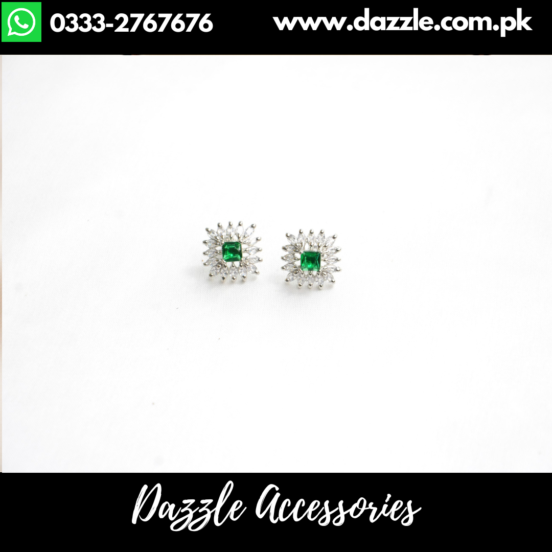 Emerald Stone Silver Stud Earrings