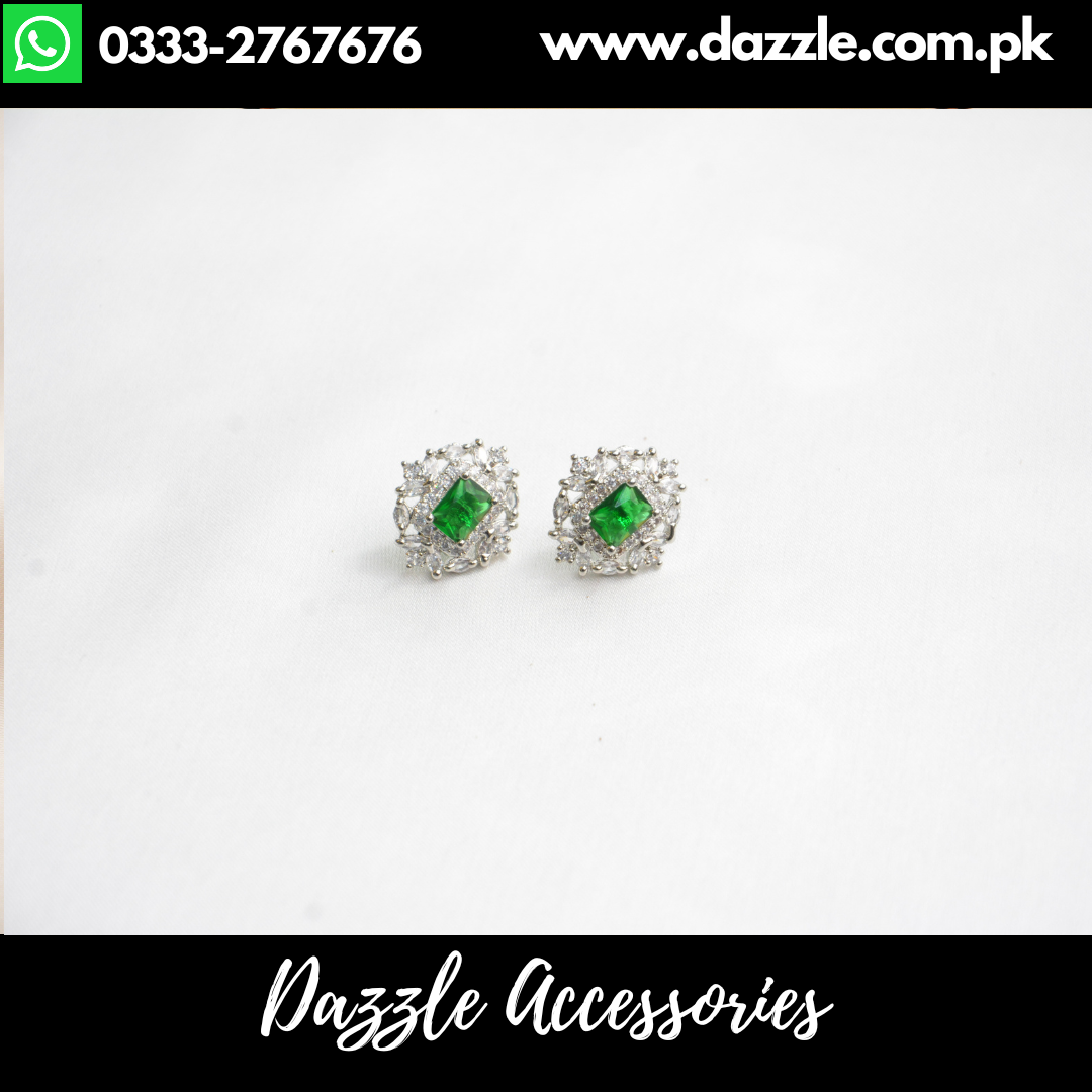 Green Stone Silver Stud Earrings