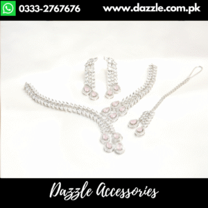 Silver Pink Unique Pendant Set with Earrings Bindiya