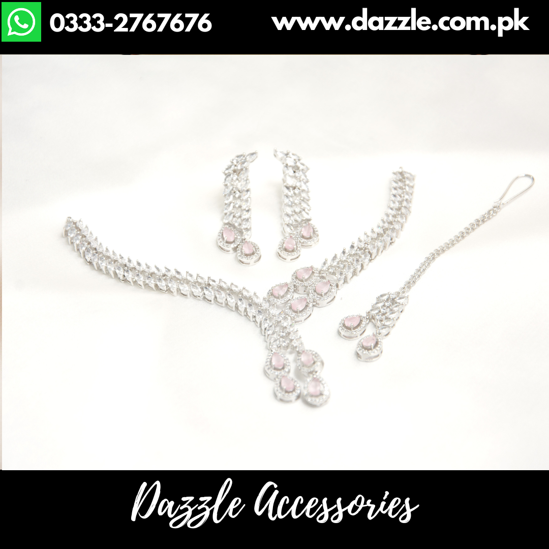 Silver Pink Unique Pendant Set with Earrings Bindiya