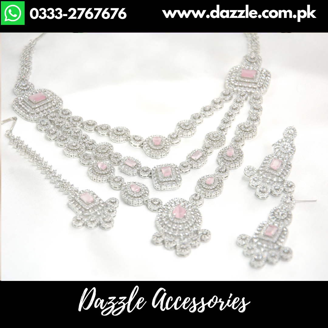 Triple Layer Silver Pink Statement Bridal Set
