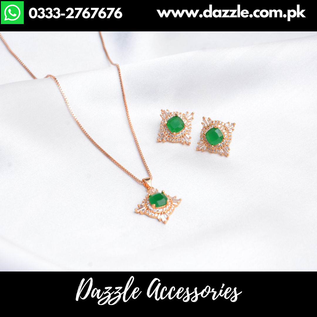 Emerald Green Golden Pendant with Earrings