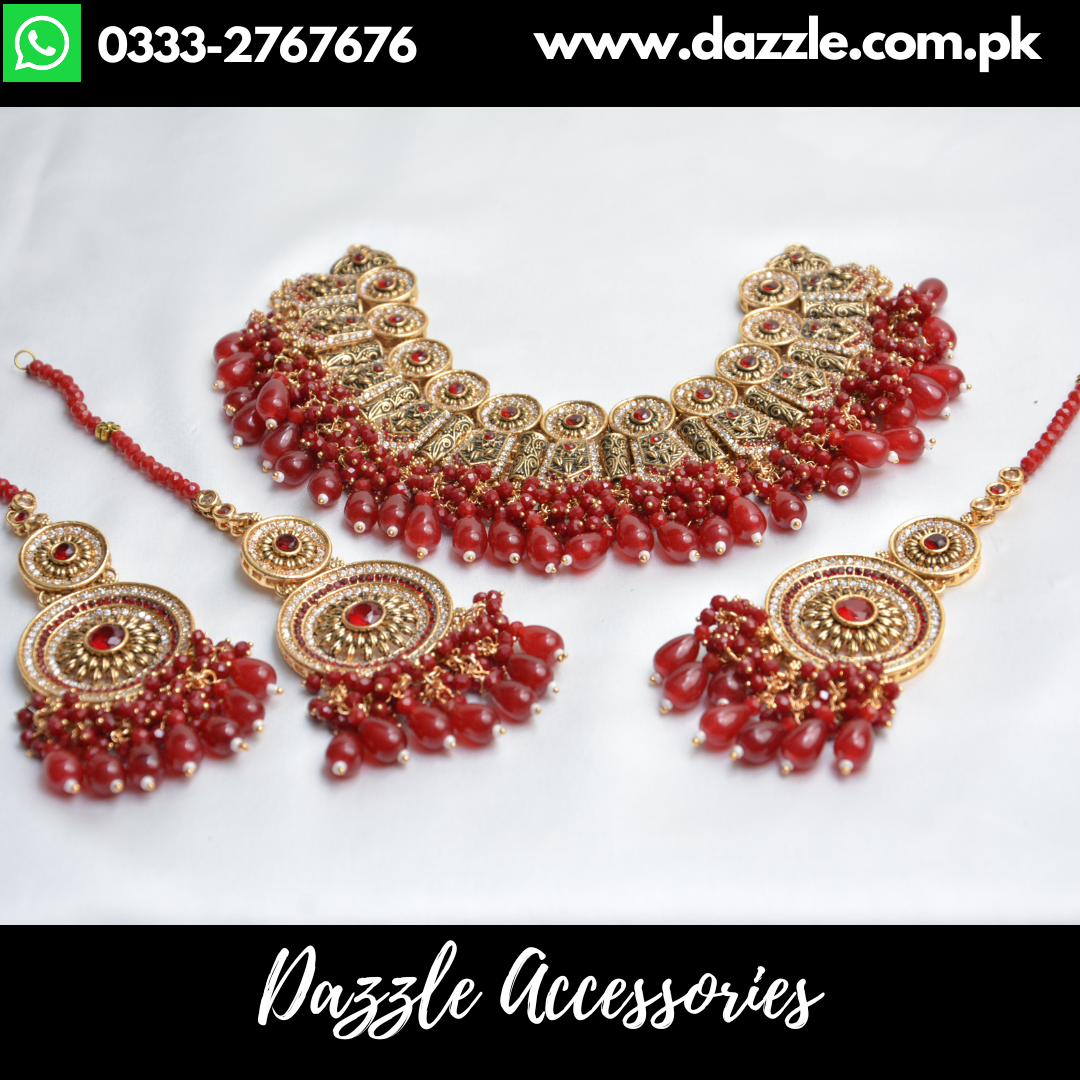 Maroon Antique Choker Set with Earrings and Bindiya