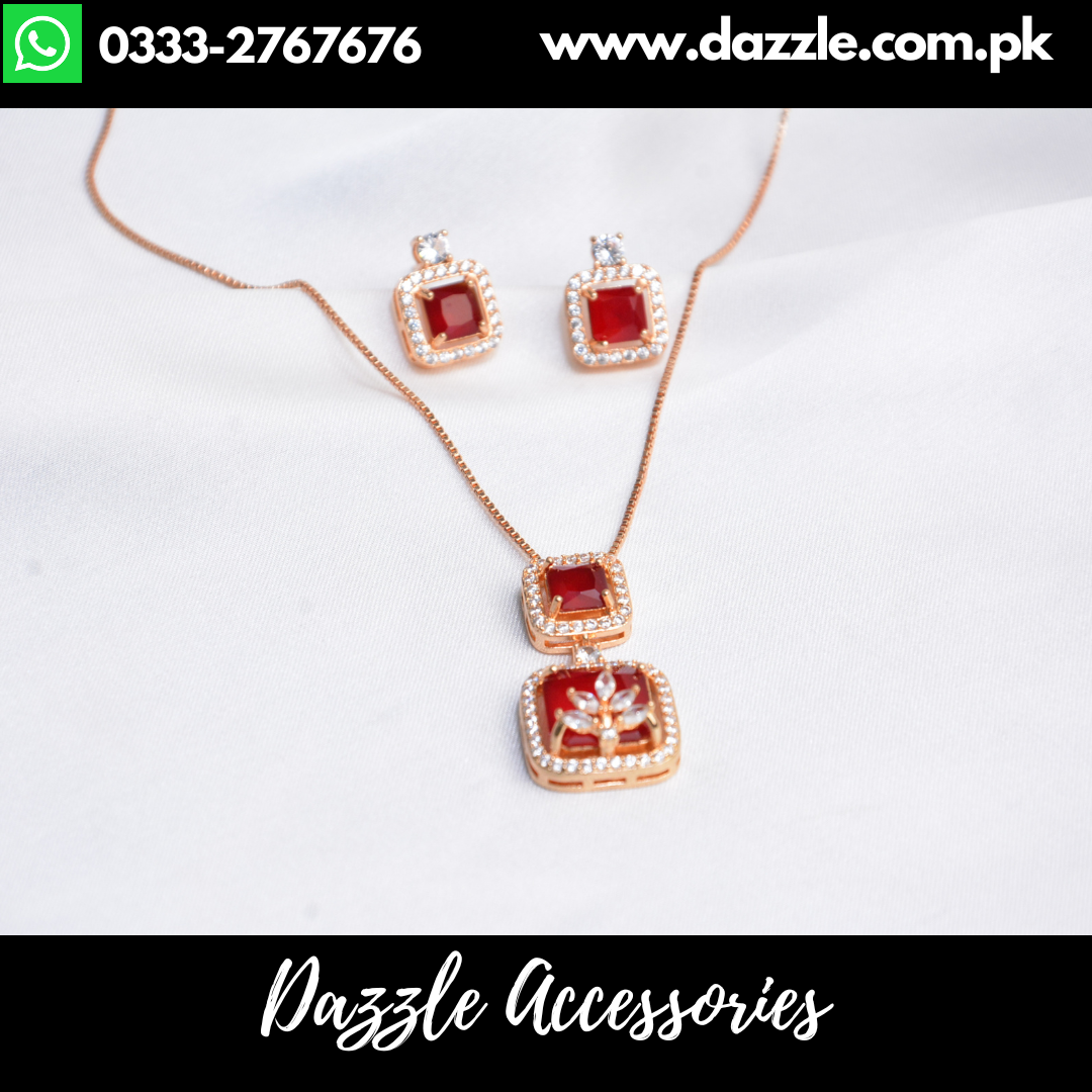 Maroon Golden Pendant with Stud Earrings