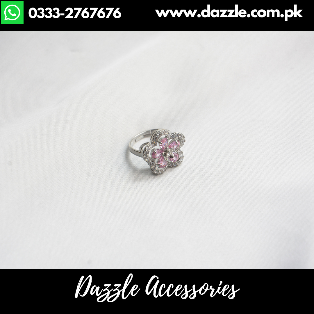 Pink Floral Silver Plated Girls Ring Adjustable Size