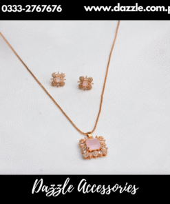 Pink Golden Pendant with Stud Earrings