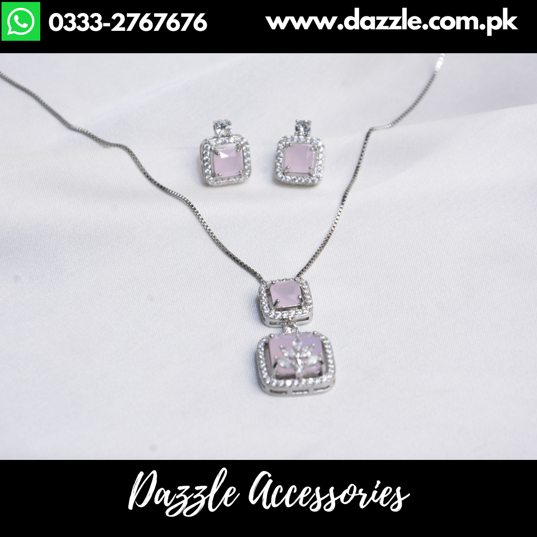 Silver Pink Pendant with Stud Earrings