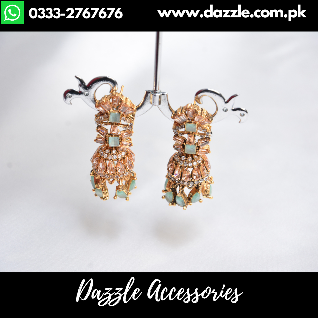 Mint Golden Jhumki Earrings