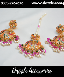 Multi Color Green Statement Earrings and Bindiya Set