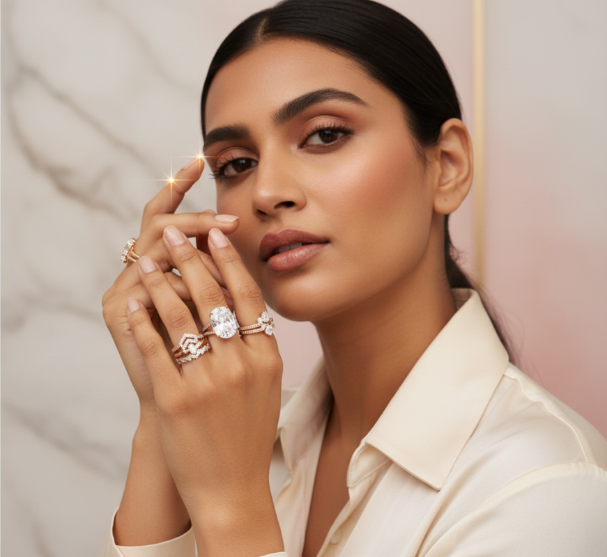 Ultra-realistic close-up of a modern South Asian woman wearing multiple sparkling zircon rings. She has a confident expression and wears a soft ivory outfit. The focus is on the luxurious, minimalist, and finely crafted rings, showcasing high-end diamond simulants against a soft, blurred light marble background.
