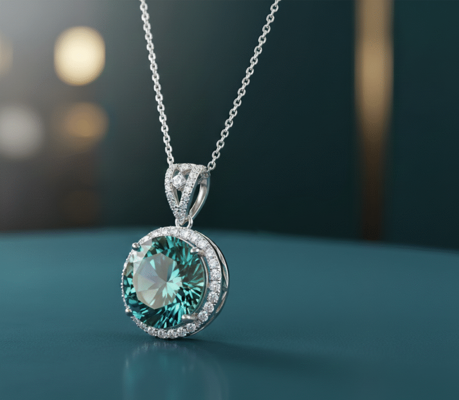 Four brilliant light blue Zircon pendant necklaces with diamond accents set on a vibrant royal blue velvet cushion.