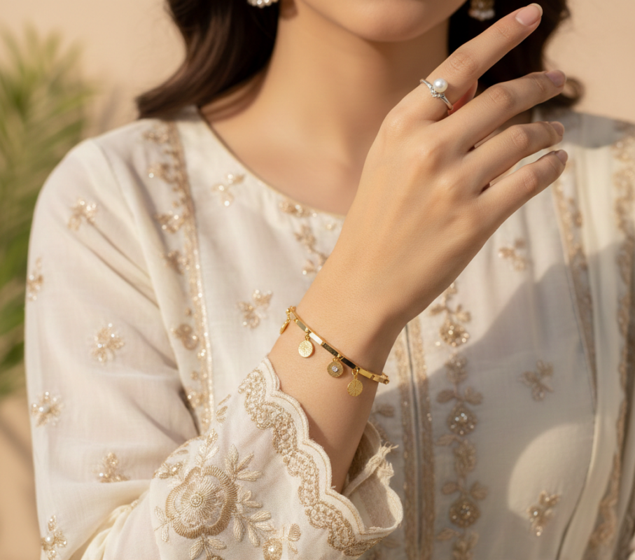 Girl wearing an elegant gold bracelet on her wrist, showcasing trending bracelets for girls in Pakistan