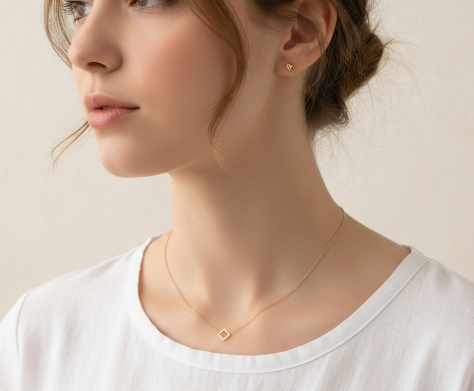 Close up of a woman wearing a simple gold chain necklace with a small square pendant and tiny gold triangle stud earrings.