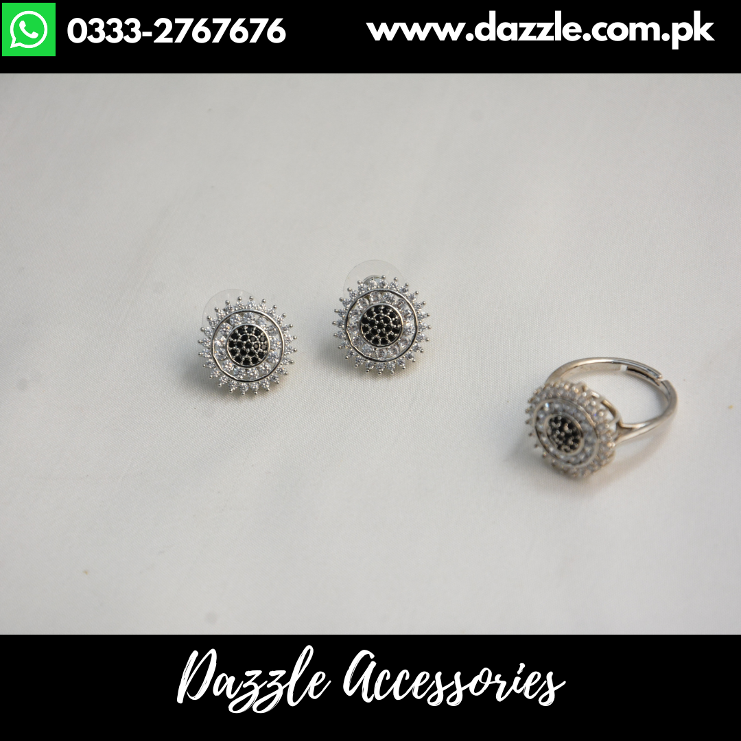 Black Silver Zirconia Stud Earrings with Adjustable Ladies Ring