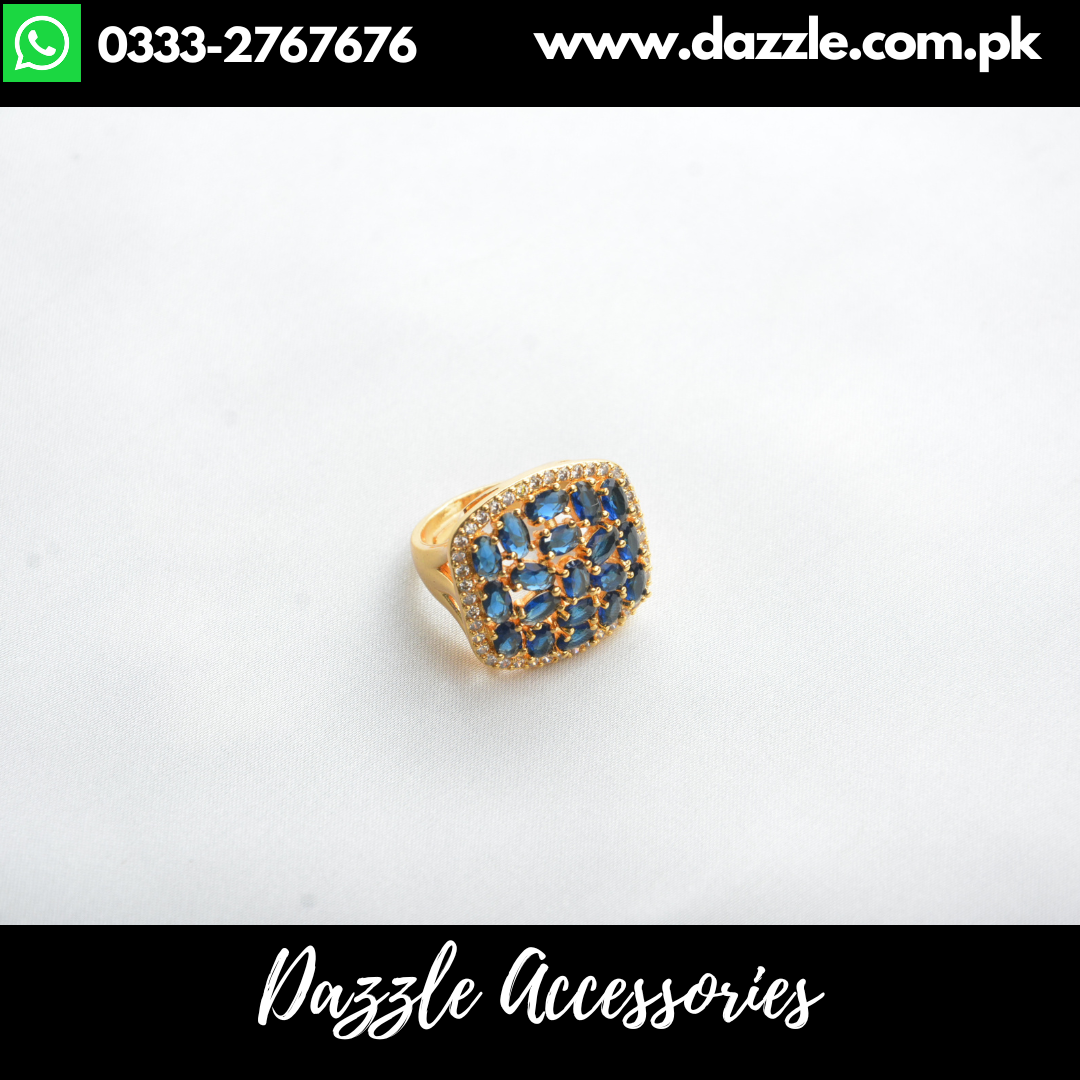 Blue Golden Zirconia Ladies Ring Adjustable Size