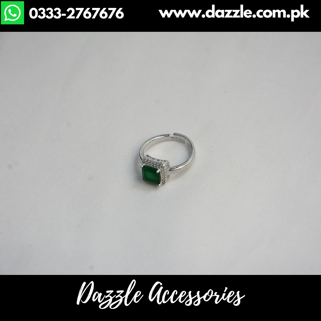 Green Silver Plated Adjustable Ring