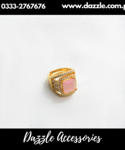 Pink Golden Statement American Diamond Ring Adjustable Size