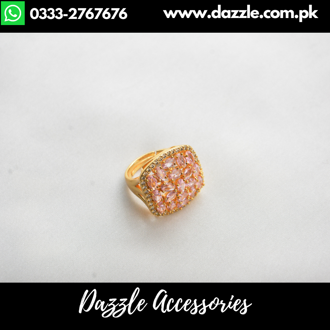 Pink Golden Zirconia Ladies Ring Adjustable Size