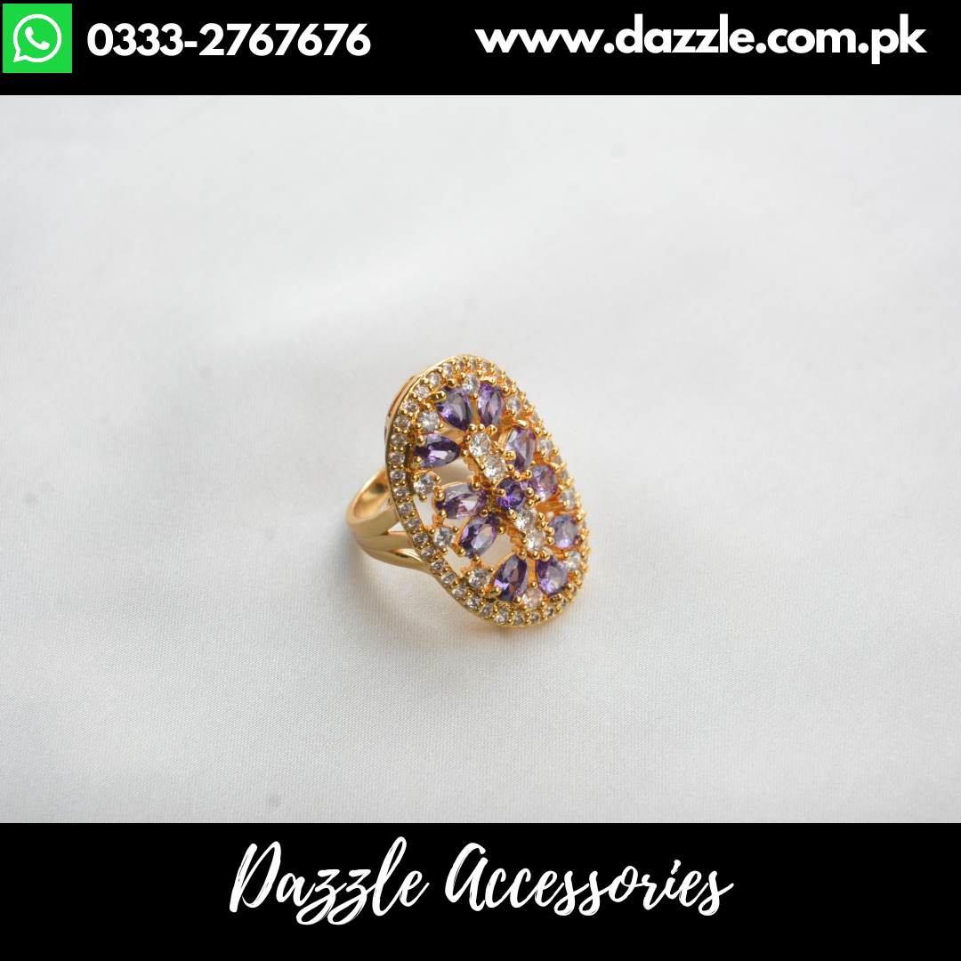 Purple Golden Statement Ladies Ring Adjustable Size