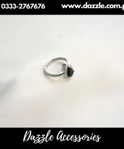 Black One Stone Silver Plated Girls Ring Adjustable Size