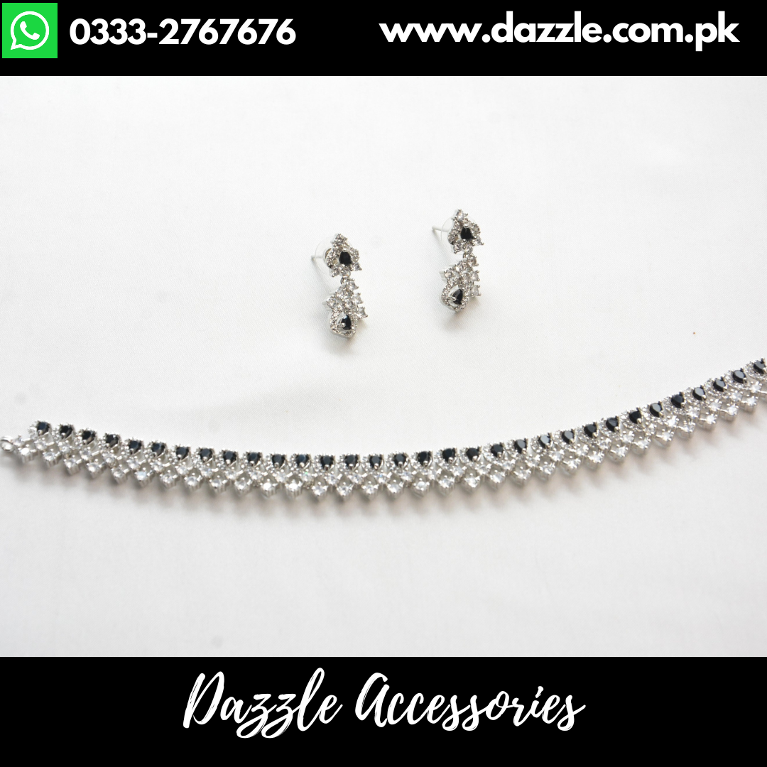 Black Silver Single Line Choker Set with Earrings