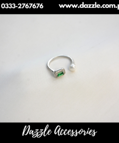 Green Pearl Silver Plated Girls Ring Adjustable Size