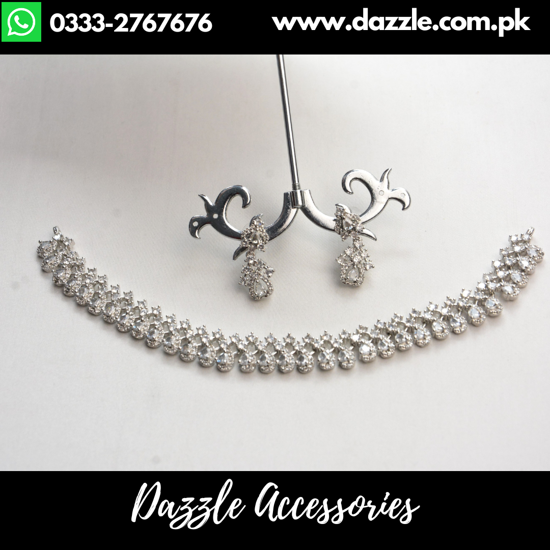 Silver Single Line Choker Set with Earrings