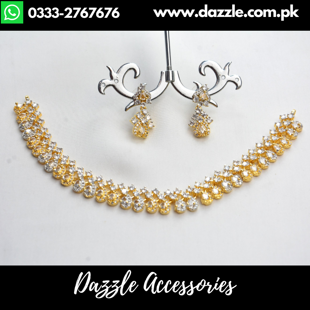 Two Tone Single Line Choker Set with Earrings